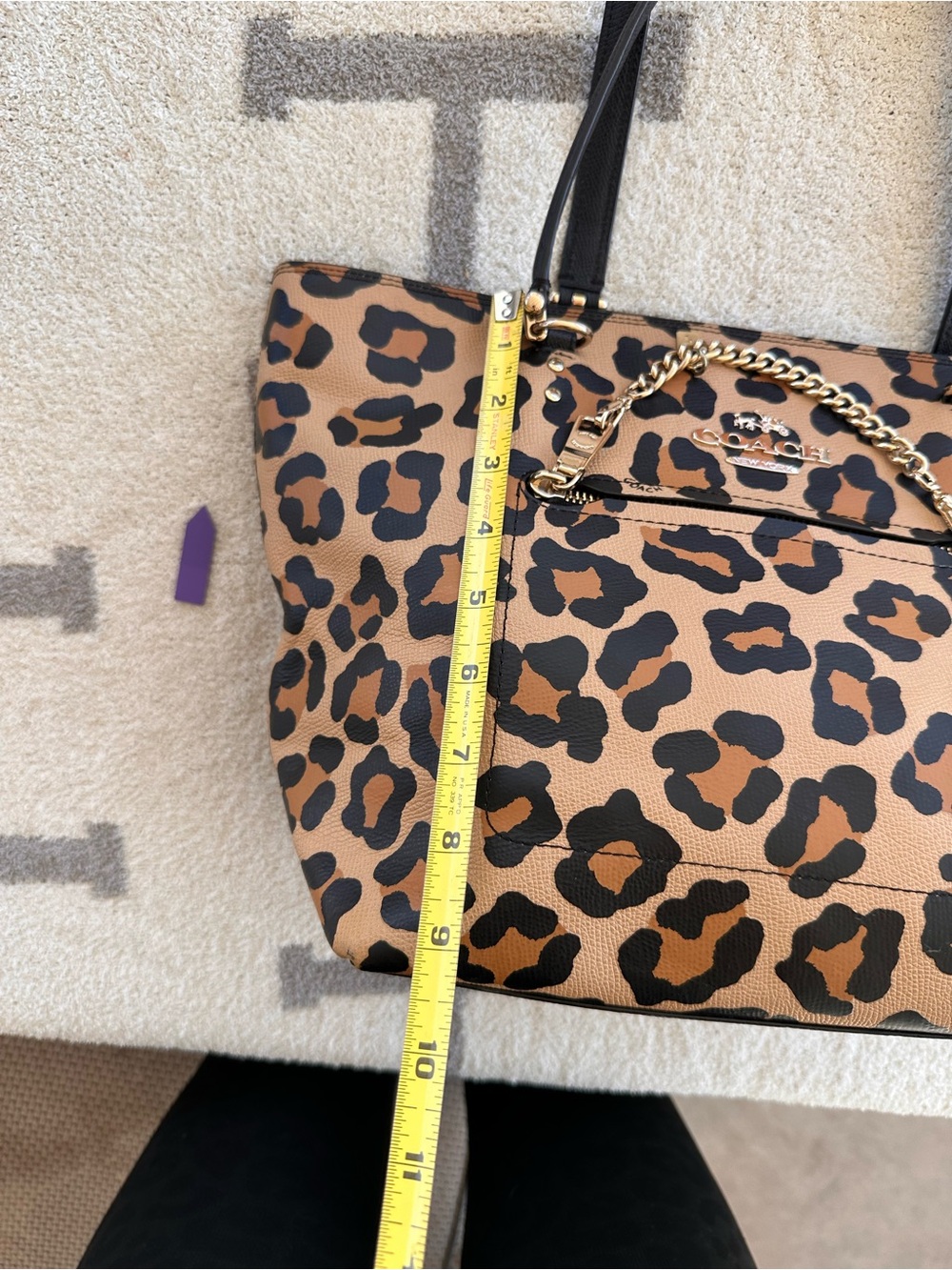 Coach Leopard-Print Tote in Brown and Black with Gold Chain Accent - Picture 4 of 14